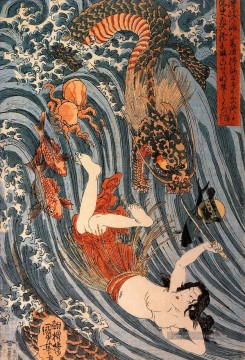 Tamatori étant poursuivi bya Dragon Utagawa Kuniyoshi ukiyo e Peinture à l'huile